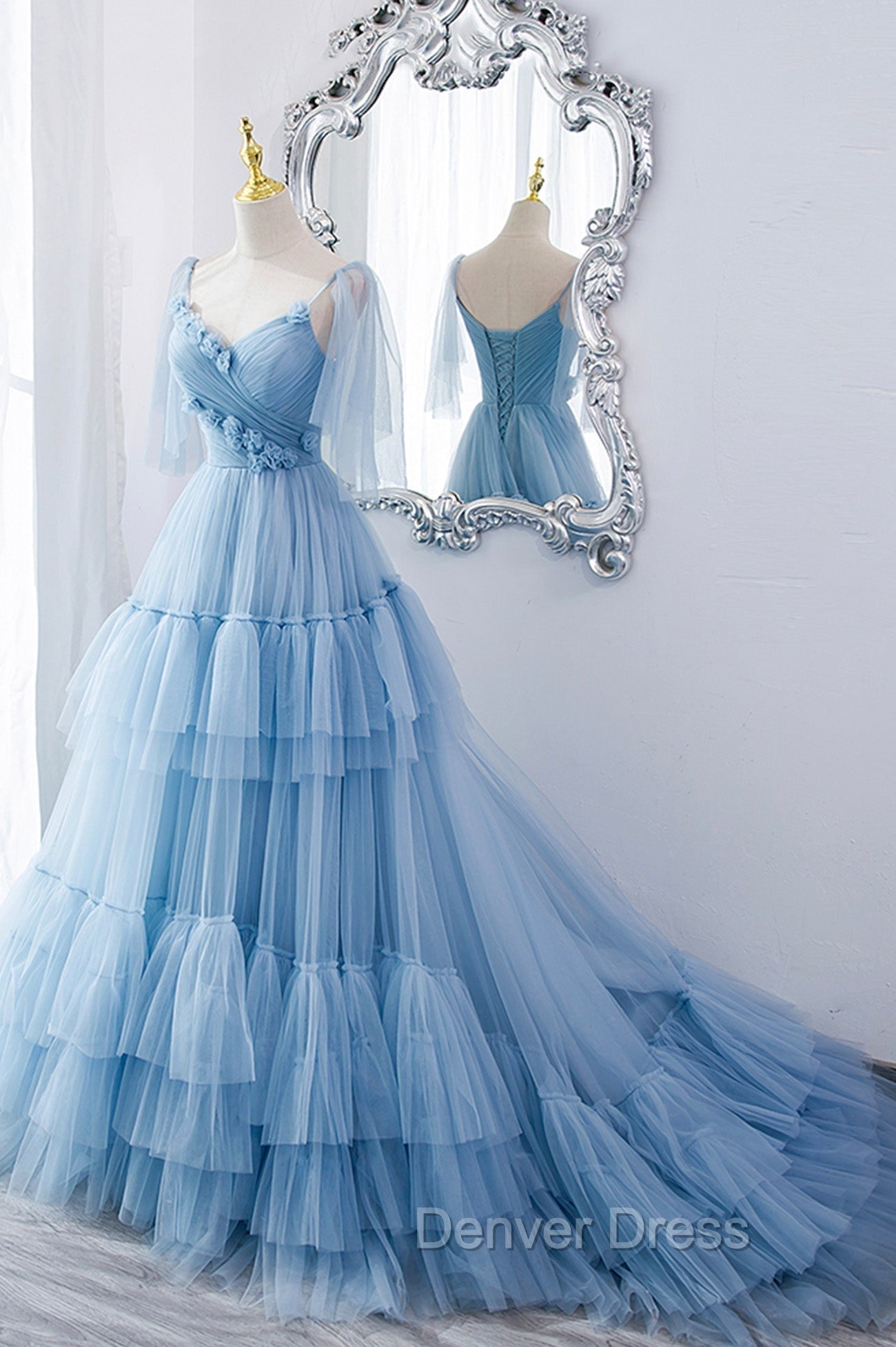 Blue V-Neck Tulle Long Prom Dresses, A-Line Evening Party Dresses Main image
