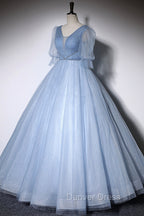 Blue V-Neck Tulle Long Prom Dresses, A-Line Formal Evening Dresses