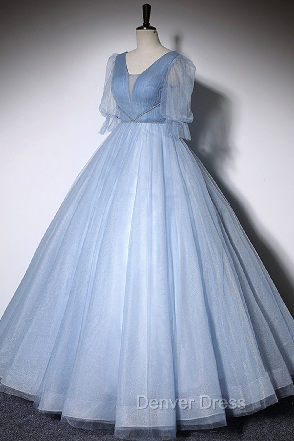 Blue V-Neck Tulle Long Prom Dresses, A-Line Formal Evening Dresses