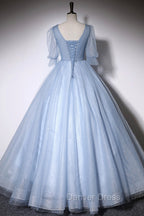Blue V-Neck Tulle Long Prom Dresses, A-Line Formal Evening Dresses