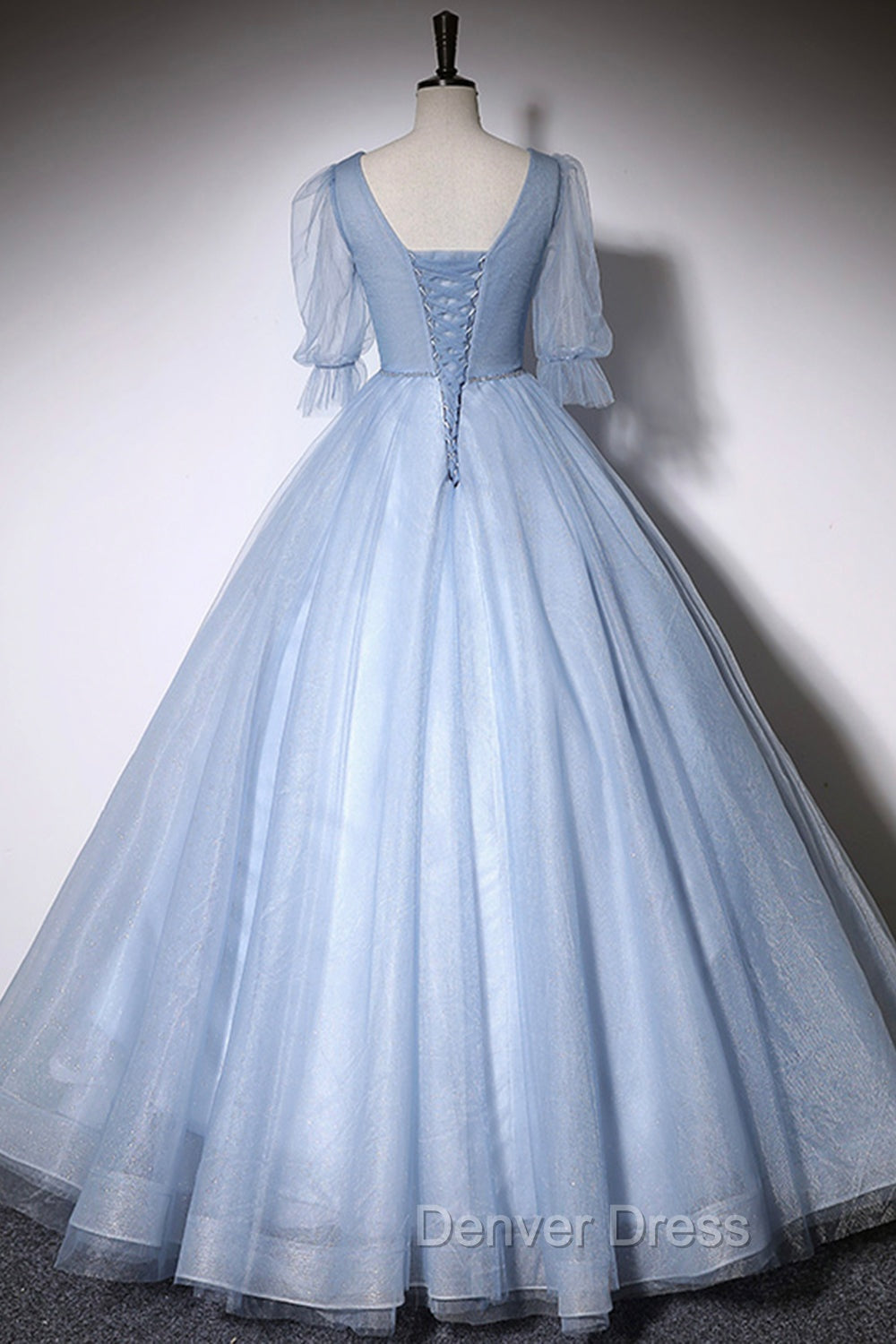 Blue V-Neck Tulle Long Prom Dresses, A-Line Formal Evening Dresses