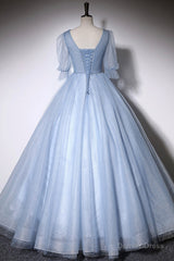 Blue V-Neck Tulle Long Prom Dress, A-Line Formal Evening Dress