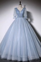 Blue V-Neck Tulle Long Prom Dresses, A-Line Formal Evening Dresses