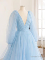 Blue V Neck Tulle Long Prom Dress, A Line Long Sleeve Prom Dresses