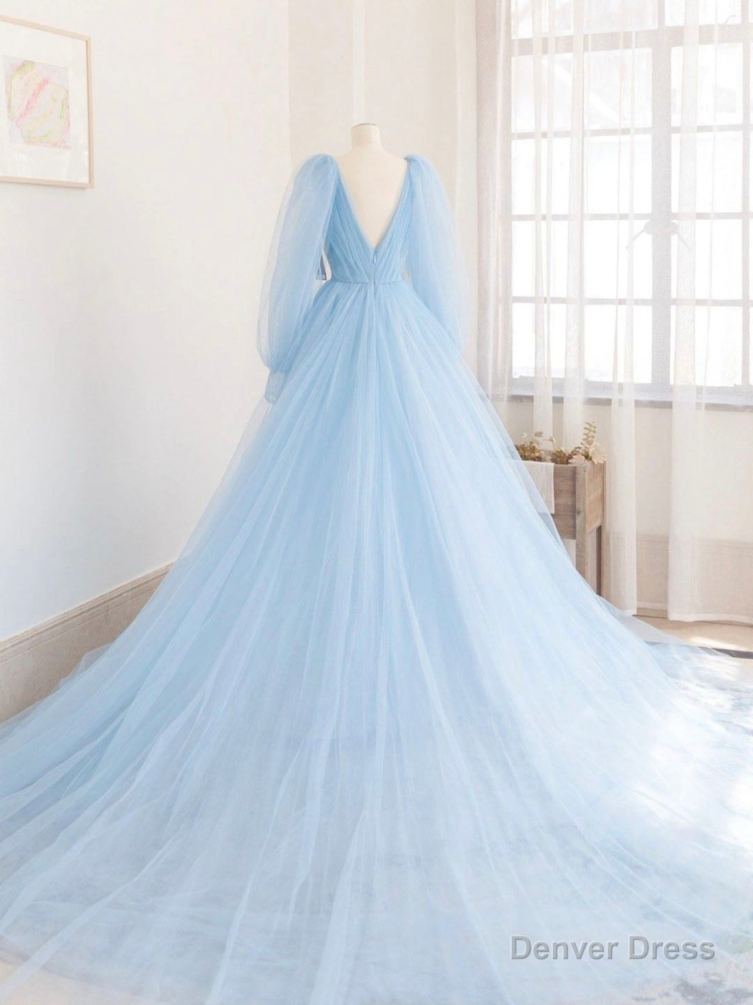 Blue V Neck Tulle Long Prom Dress, A Line Long Sleeve Prom Dresses