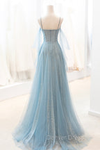 Blue V-Neck Tulle Long Prom Dresses, A-Line Spaghetti Strap Evening Dresses