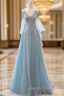 Blue V-Neck Tulle Long Prom Dresses, A-Line Spaghetti Strap Evening Dresses