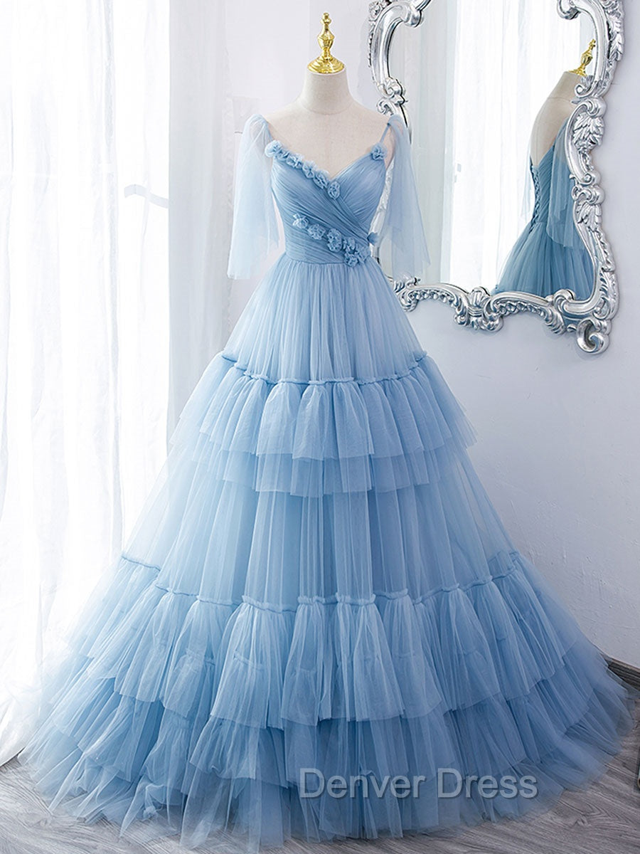 Blue v neck tulle long prom Dresses, blue tulle formal Dresses Secondary image