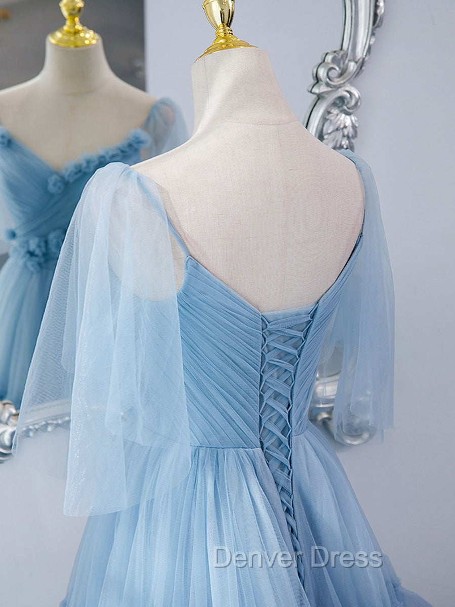Blue v neck tulle long prom Dress, blue tulle Prom Dresses