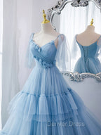 Blue v neck tulle long prom Dress, blue tulle Prom Dresses