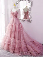 Blue v neck tulle long prom Dress, blue tulle Prom Dresses