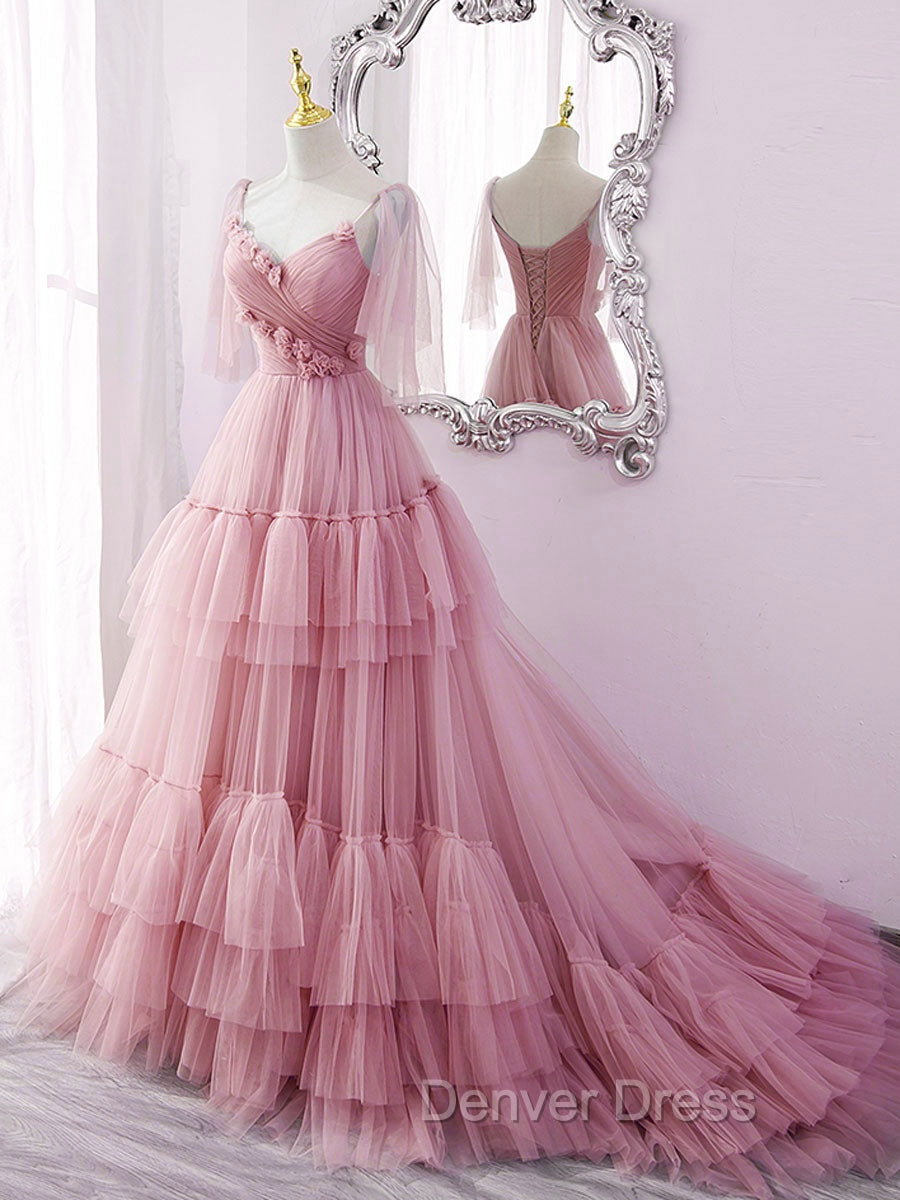 Blue v neck tulle long prom Dress, blue tulle Prom Dresses