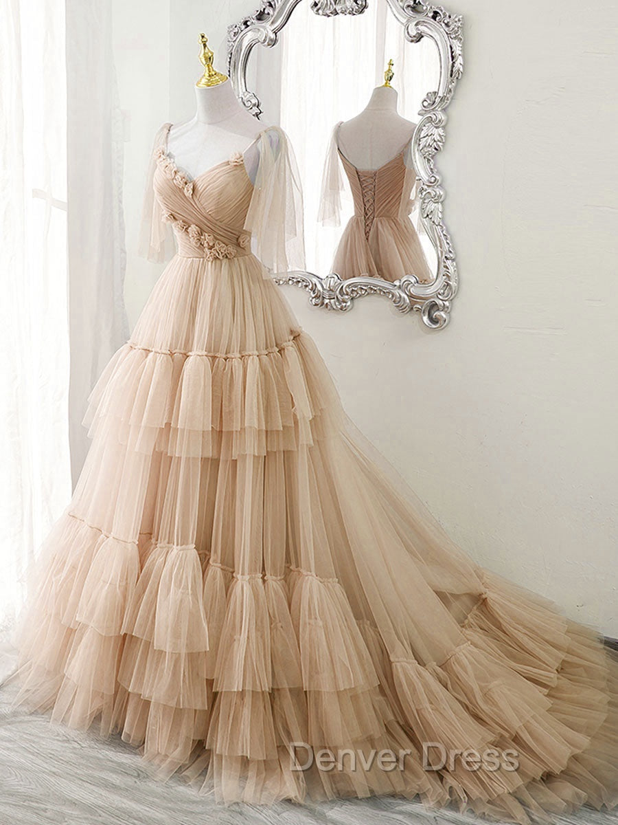 Blue v neck tulle long prom Dress, blue tulle Prom Dresses