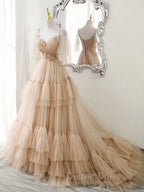 Blue v neck tulle long prom Dresses, blue tulle formal Dresses