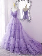Blue v neck tulle long prom Dresses, blue tulle formal Dresses