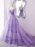 Blue v neck tulle long prom Dress, blue tulle Prom Dresses