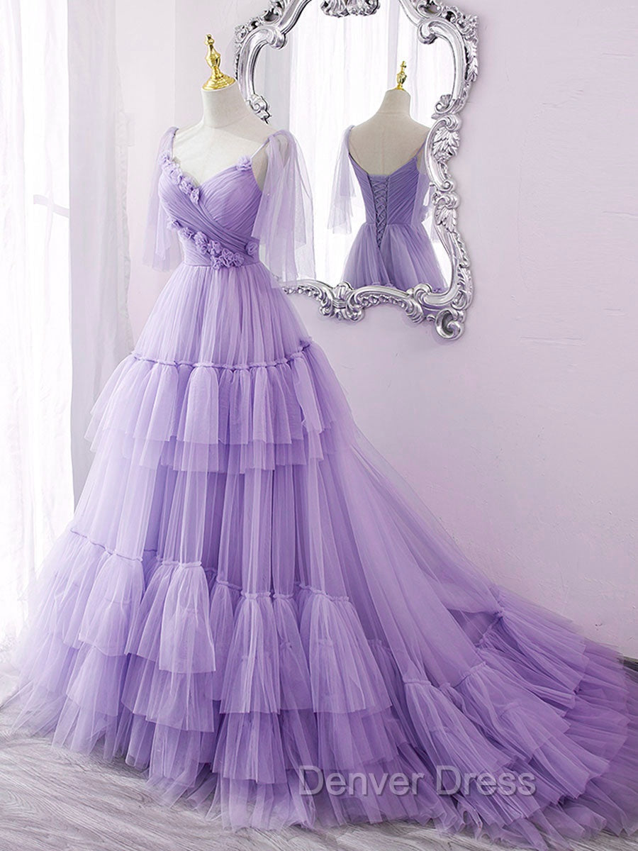 Blue v neck tulle long prom Dress, blue tulle Prom Dresses