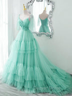 Blue v neck tulle long prom Dresses, blue tulle formal Dresses