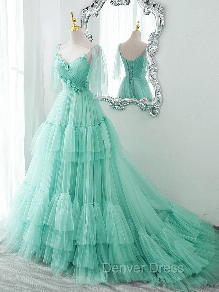 Blue v neck tulle long prom Dresses, blue tulle formal Dresses