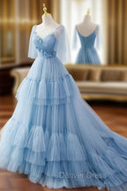 Blue v neck tulle long prom Dress, blue tulle Prom Dresses