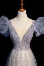 Blue V Neck Tulle Long Prom Dress with Beaded, Elegant A Line Prom Dresses
