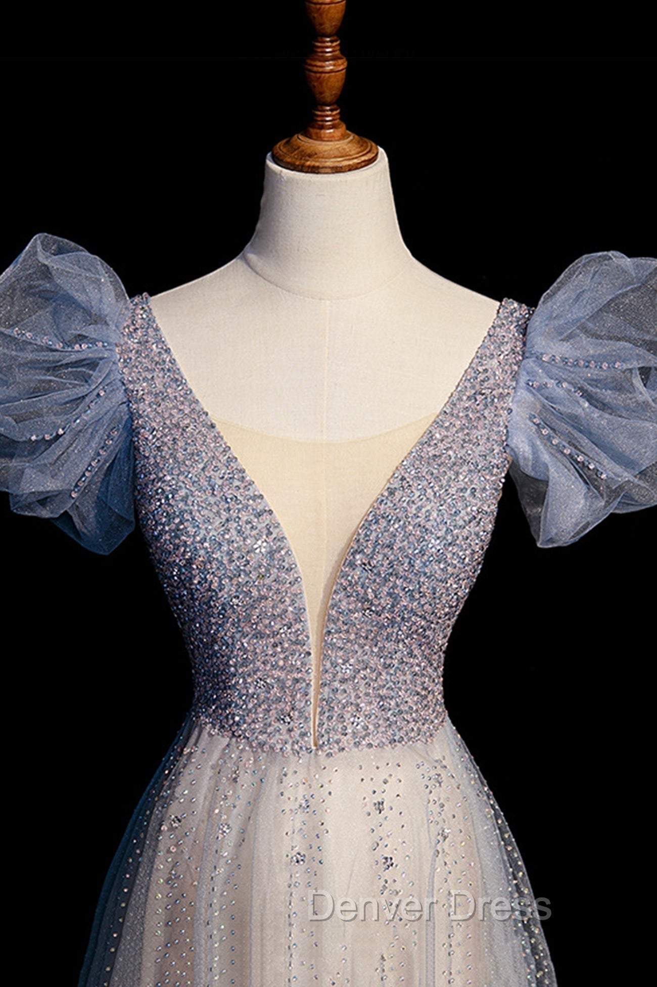 Blue V Neck Tulle Long Prom Dress with Beaded, Elegant A Line Prom Dresses