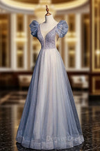 Blue V-Neck Tulle Long Prom Dresses with Beaded, Elegant A-Line Formal Evening Dresses
