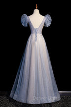 Blue V-Neck Tulle Long Prom Dresses with Beaded, Elegant A-Line Formal Evening Dresses