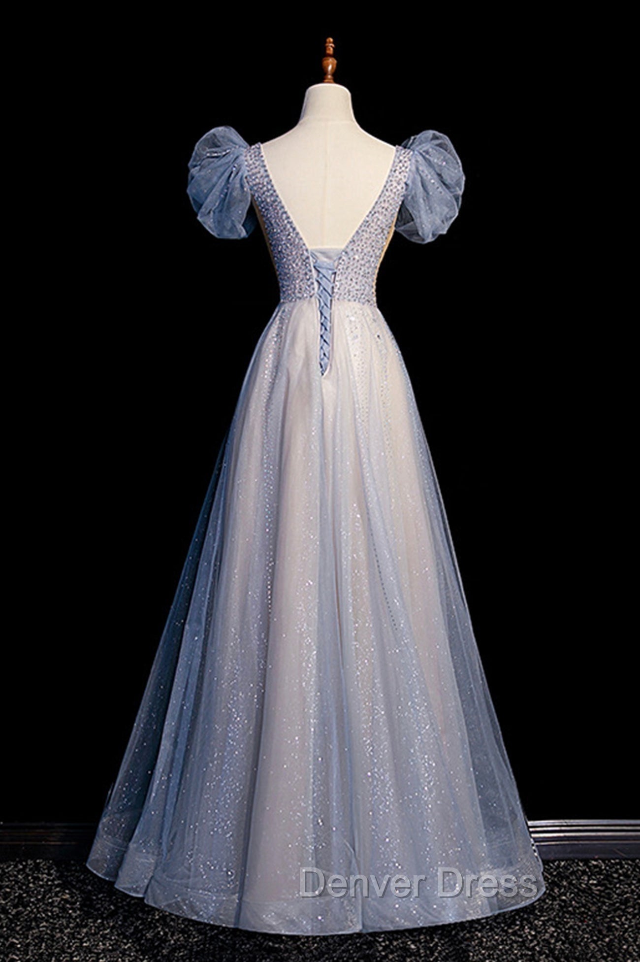 Blue V-Neck Tulle Long Prom Dresses with Beaded, Elegant A-Line Formal Evening Dresses