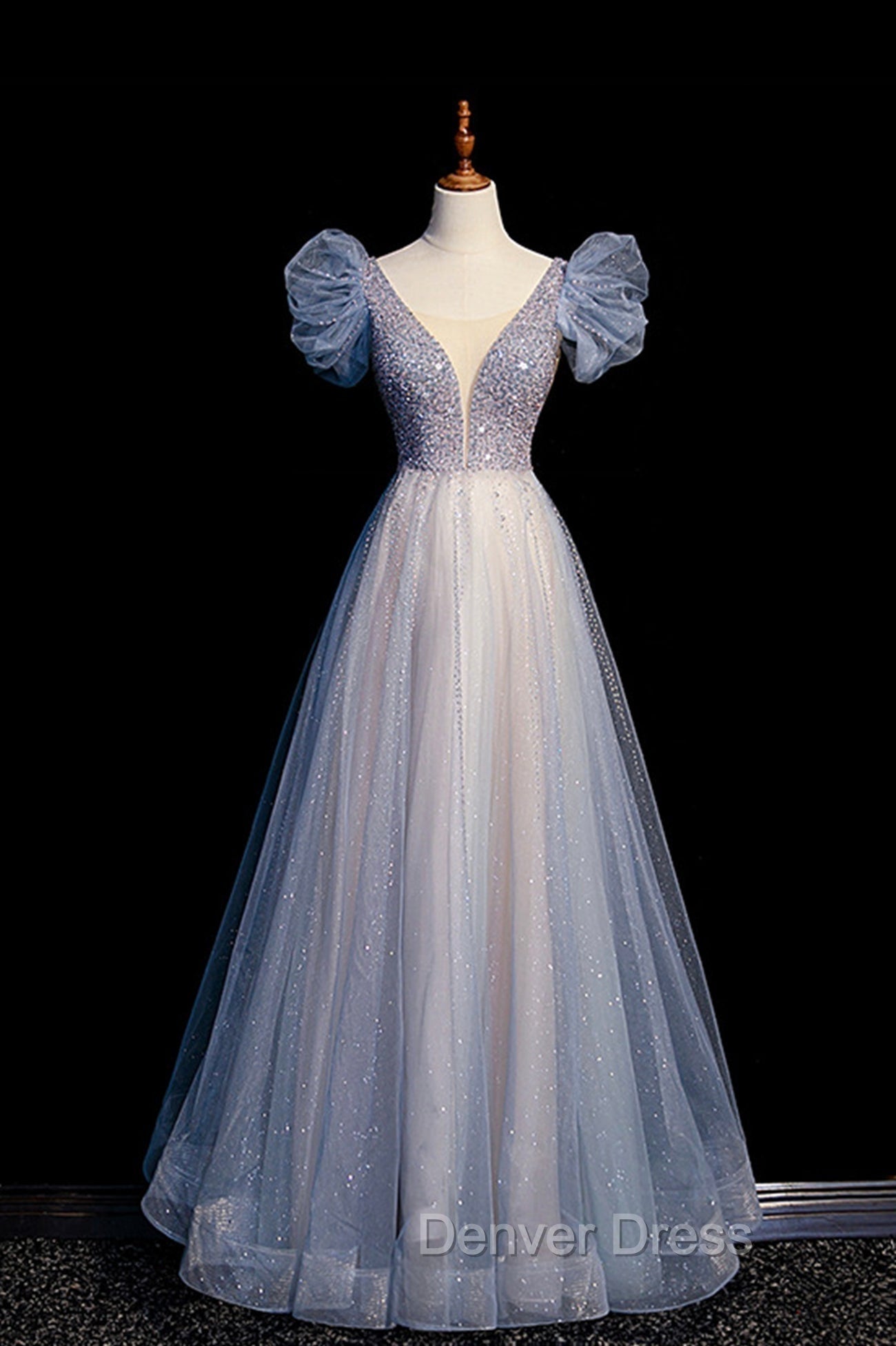 Blue V Neck Tulle Long Prom Dress with Beaded, Elegant A Line Prom Dresses