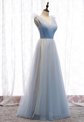 Blue V-Neck Tulle Long Prom Dresses, A-Line Evening Dresses