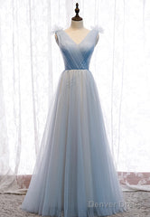 Blue V-Neck Tulle Long Prom Dresses, A-Line Evening Dresses