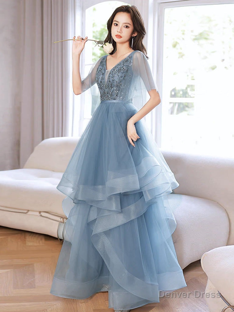 Blue V Neck Tulle Sequin Long Prom Dress, Blue Long Prom Dresses Secondary image