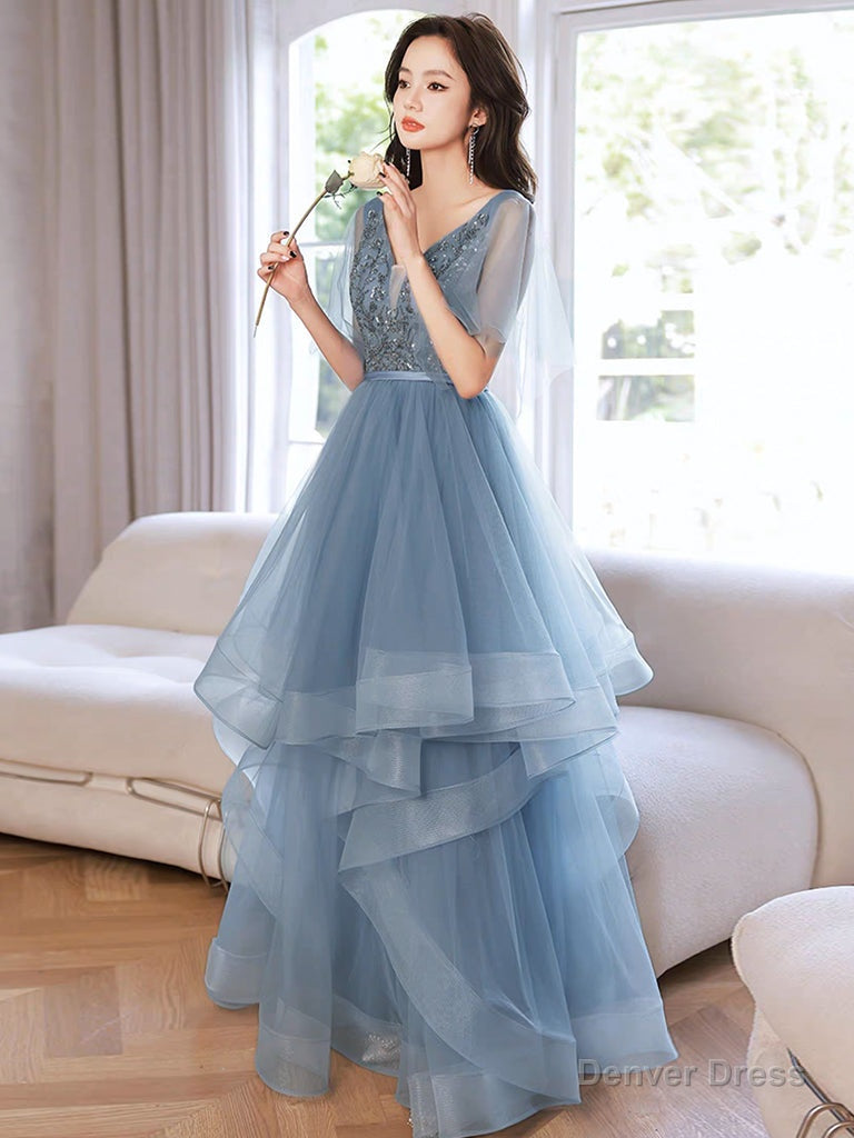 Blue V Neck Tulle Sequin Long Prom Dress, Blue Long Prom Dresses