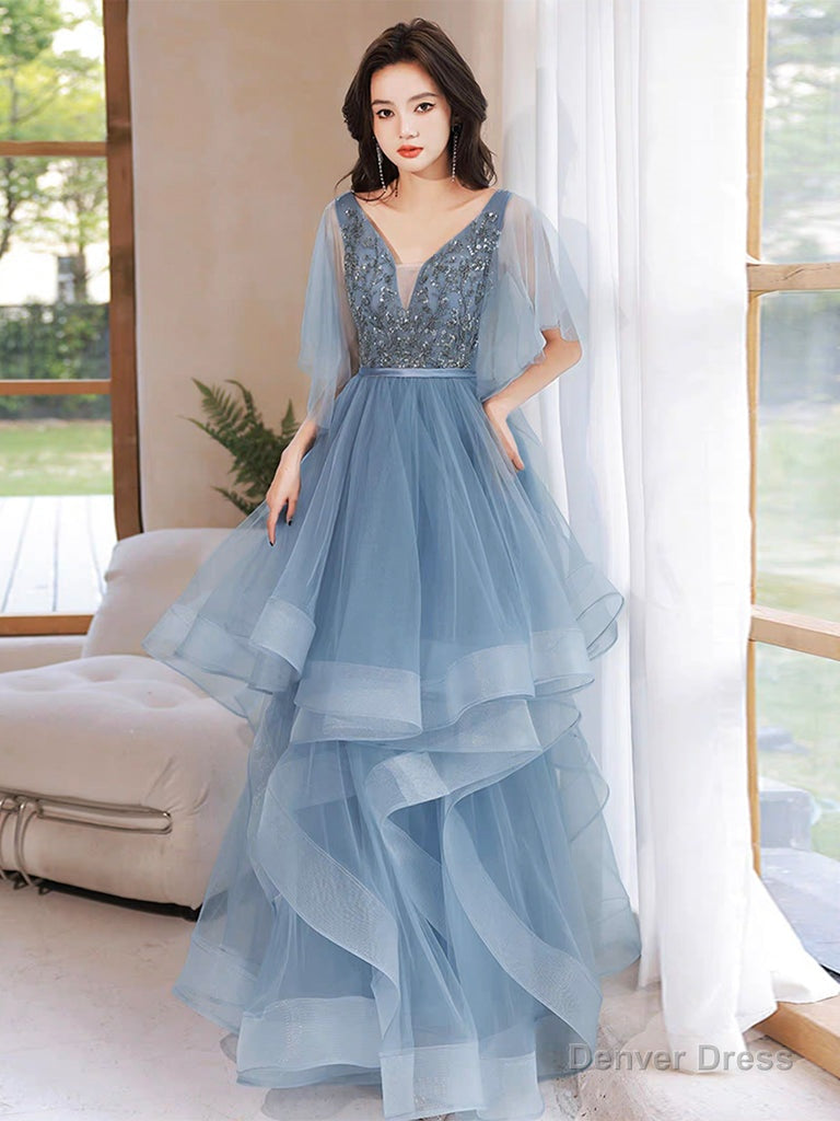 Blue V Neck Tulle Sequin Long Prom Dress, Blue Long Formal Dress Main image