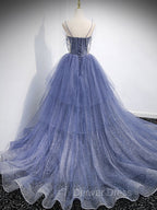 Blue V Neck Tulle Sequin Long Prom Dresses, Blue Tulle Formal Dresses