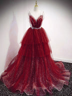 Blue V Neck Tulle Sequin Long Prom Dresses, Blue Tulle Formal Dresses