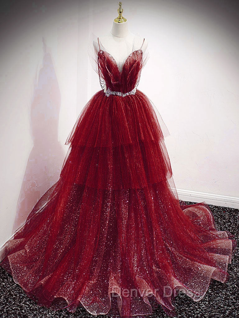 Blue V Neck Tulle Sequin Long Prom Dresses, Blue Tulle Formal Dresses