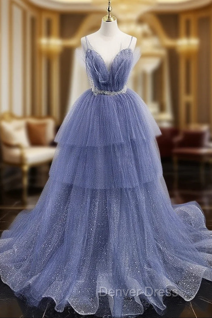 Blue V Neck Tulle Sequin Long Prom Dresses, Blue Tulle Formal Dresses Main image