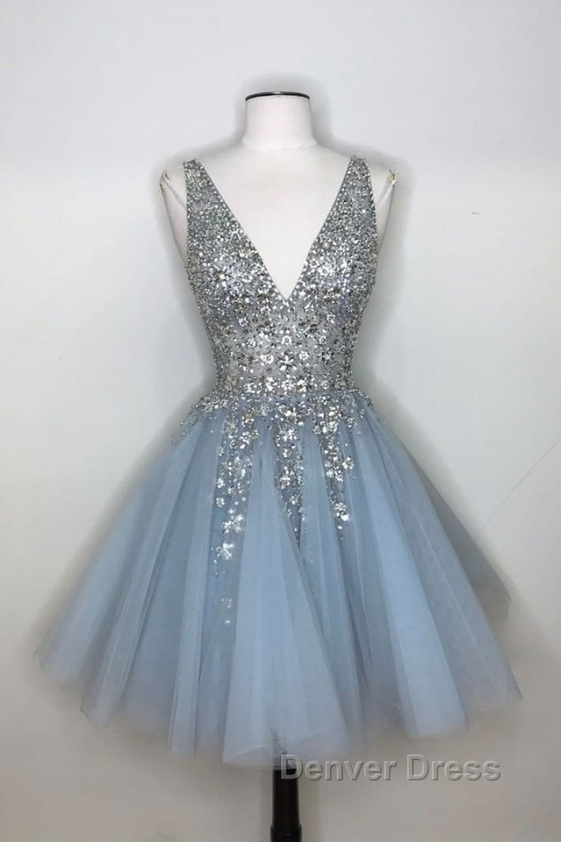 Blue v neck tulle sequin short prom Dress, blue homecoming Dresses Secondary image