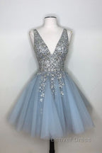 Blue v neck tulle sequin short prom Dress, blue homecoming Dresses