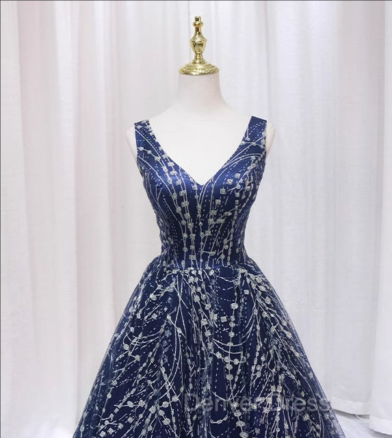 Blue V Neckline Lace Tulle Floor Length Prom Dress, Blue Prom Dress Secondary image