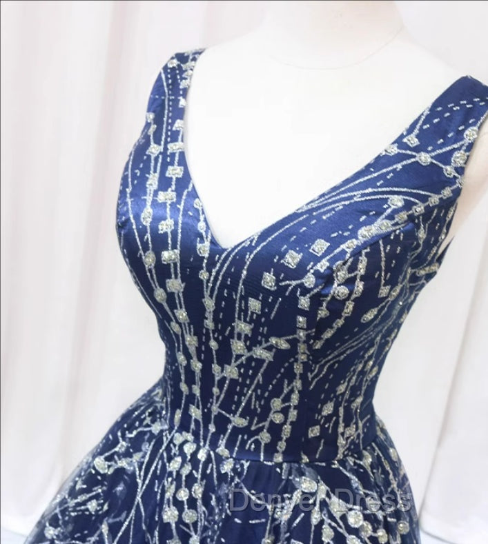 Blue V Neckline Lace Tulle Floor Length Prom Dress, Blue Prom Dress