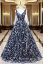 Blue V Neckline Lace Tulle Floor Length Prom Dress, Blue Prom Dress