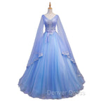 Blue V Neckline Prom Dress with Long Sleeves, Lace Applique Prom Dresses For Teen