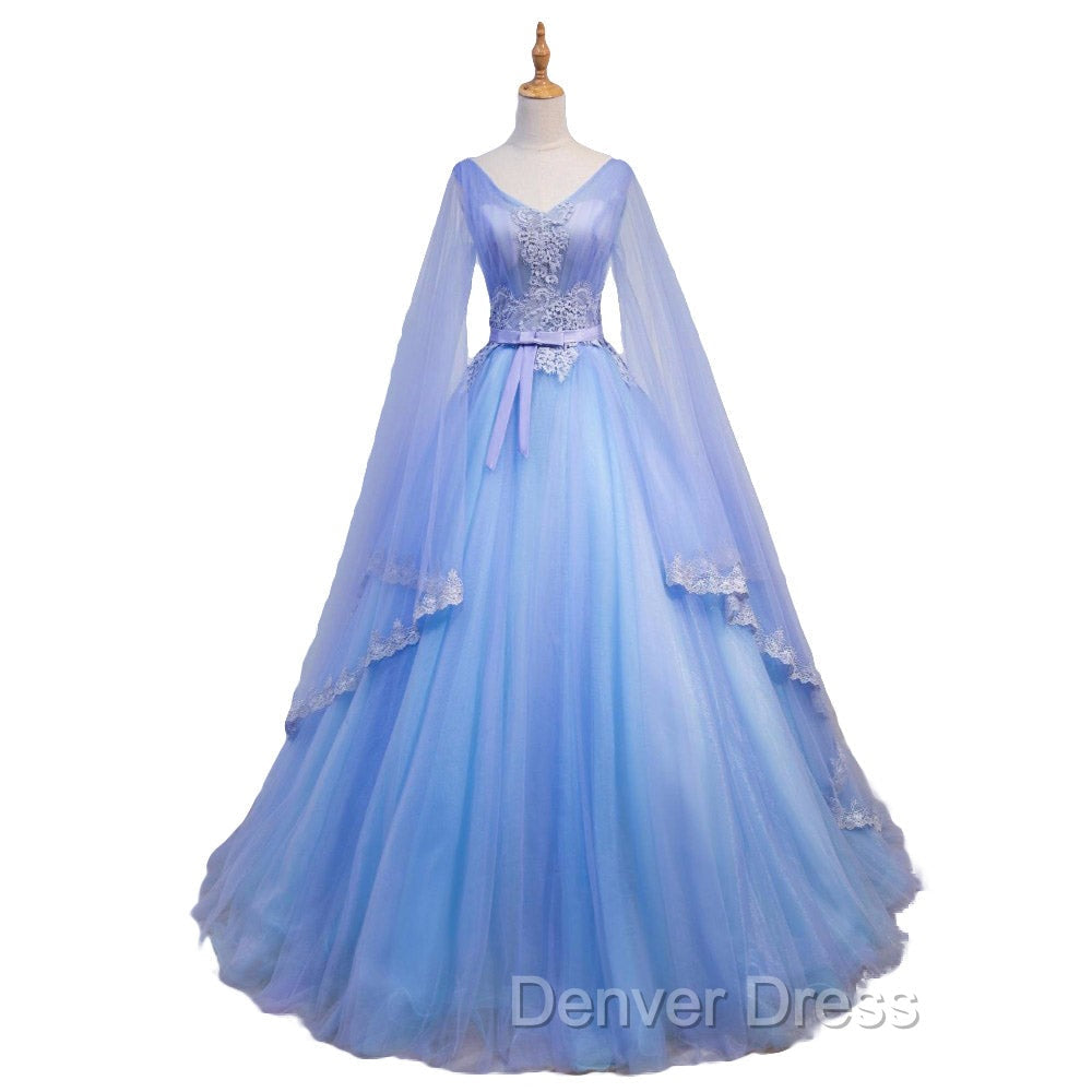 Blue V Neckline Prom Dress with Long Sleeves, Lace Applique Prom Dresses For Teen