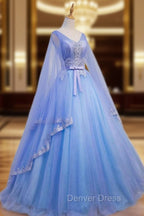 Blue V Neckline Prom Dress with Long Sleeves, Lace Applique Prom Dresses For Teen