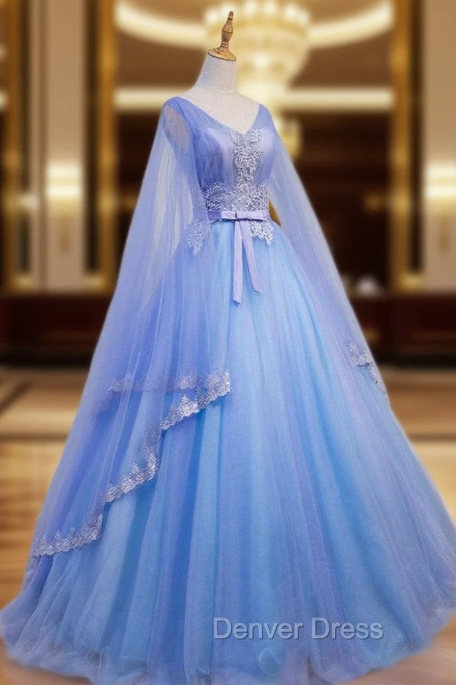 Blue V Neckline Prom Dress with Long Sleeves, Lace Applique Prom Dresses For Teen