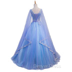 Blue V-neckline Prom Dresses with Long Sleeves, Lace Applique Party Dresses For Teen