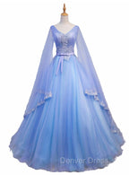 Blue V-neckline Prom Dresses with Long Sleeves, Lace Applique Party Dresses For Teen